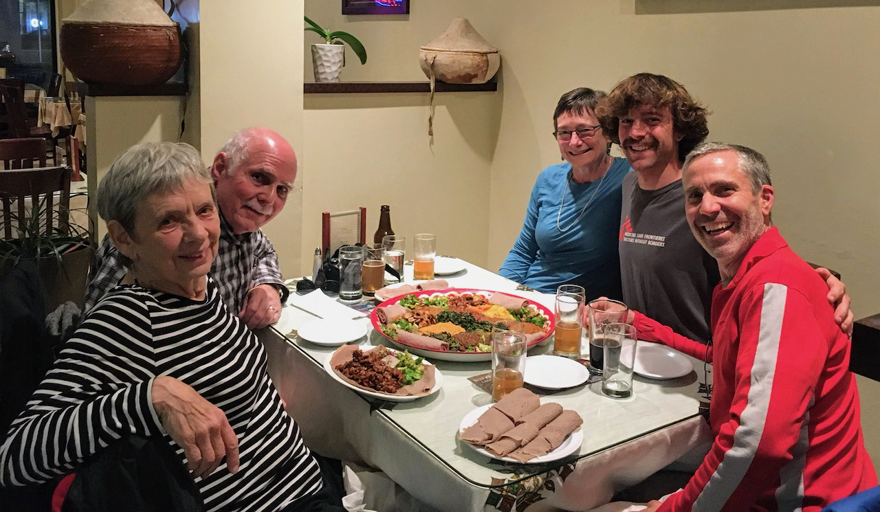 Nan, Chris, Lisa, Eric, and
        Steve at a pre-covid dinner in SF